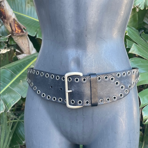 genuine leather statement bohemian belt with silver grommets and belt buckle